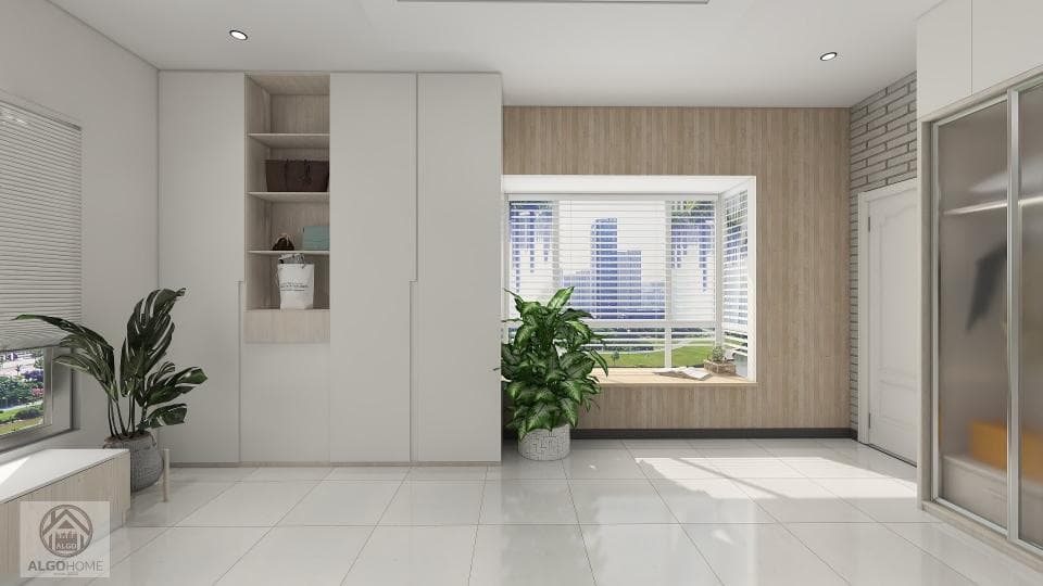 這張照片是一個明亮且現代化的房間,房間中央有一個大窗户,窗外是城市景觀,窗户下方有一個窗台,可以放一些植物或裝飾品。