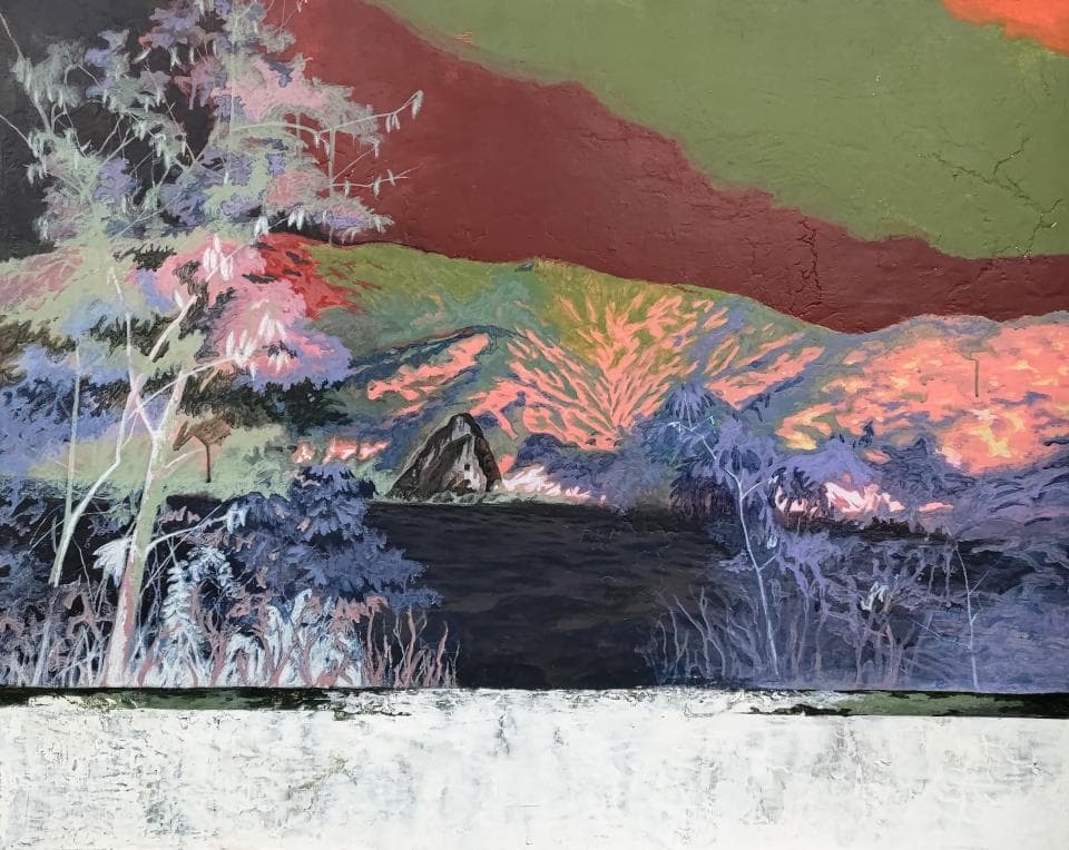 這張「風景」的照片是一片山丘,山丘上長滿了樹木,背景是紅色和綠色的天空。