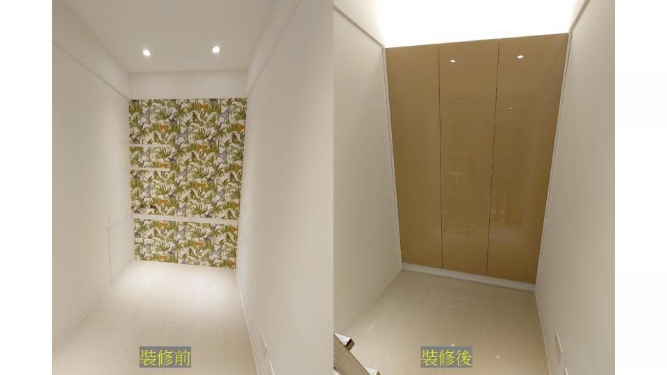 這張照片是兩個房間的對比,左邊房間裝修前貼着花紋壁紙,右邊房間裝修後安裝了三扇門板。