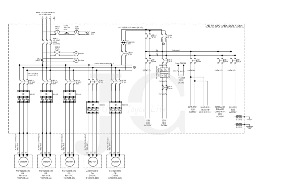 這張照片是一個電氣系統的圖表,顯示了電路中的不同元件,例如斷路器、開關和接線。圖表中最重要的部分是斷路器的佈置和佈線方式,這些元素顯示了電氣系統如何設計和連接。