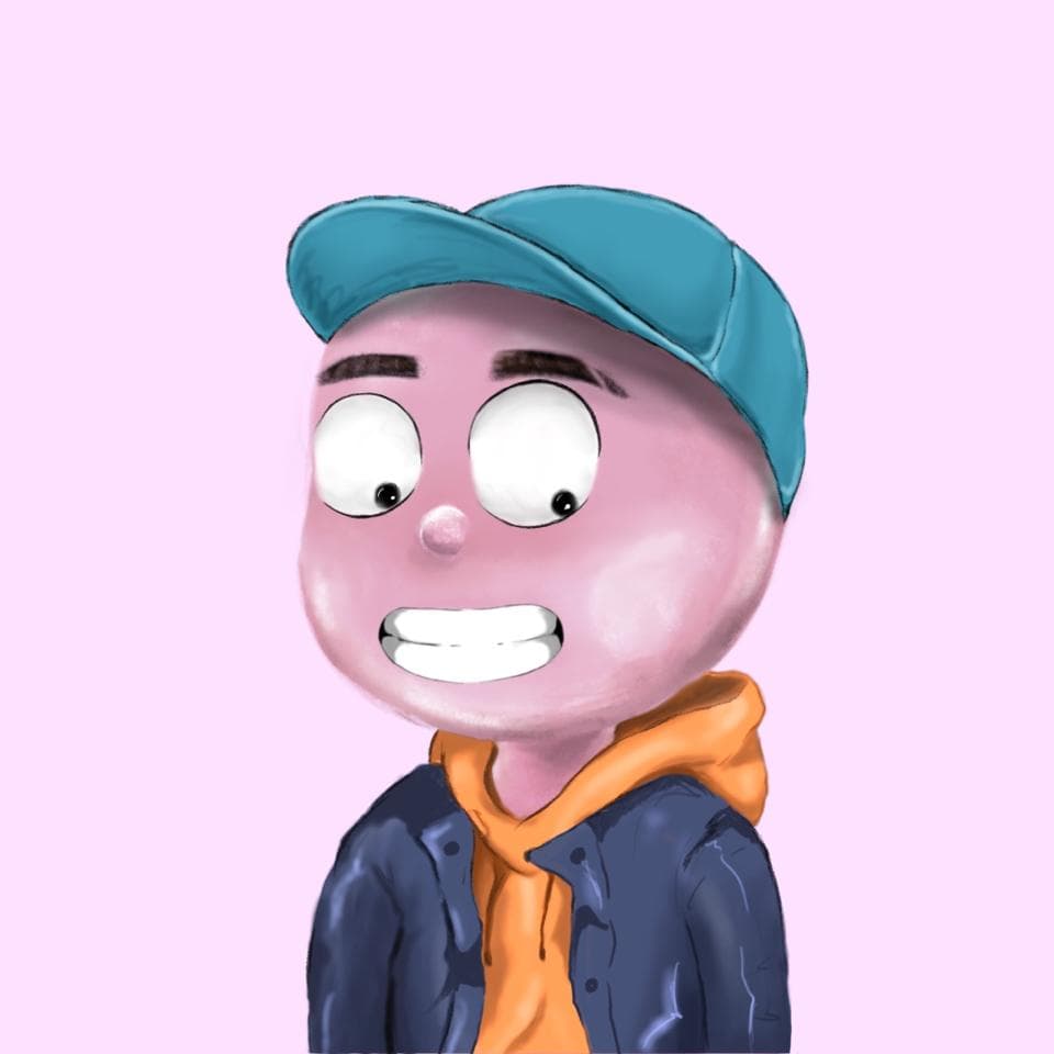 這張照片是一個卡通人物,他戴著藍色的帽子,穿著橘色的毛衣和藍色的夾克,他笑得很開心。