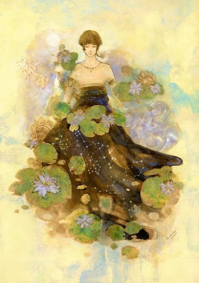 這張照片是一名年輕女子坐在蓮葉上,她穿著一件黑色的長裙,上面佈滿了星點,周圍環繞著盛開的蓮花。