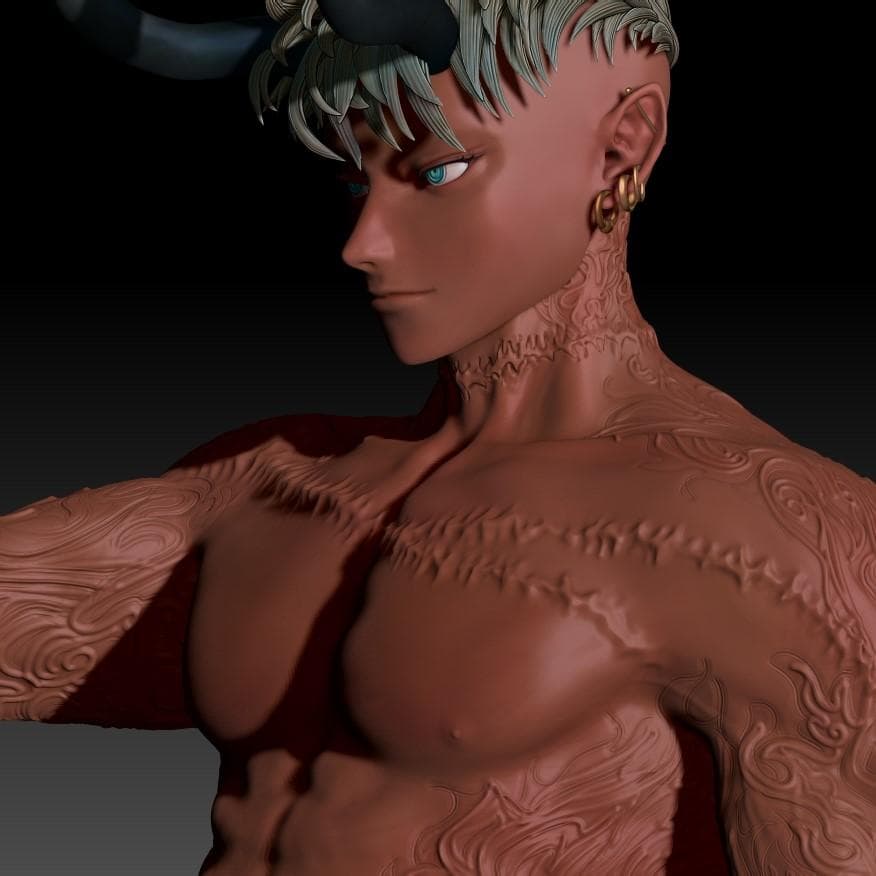 1) 這是一張 3D 渲染圖,畫面中是一個有著藍色眼睛和金色耳環的男性角色,他的身體上有許多刺青,頭上戴著像是牛角的裝飾