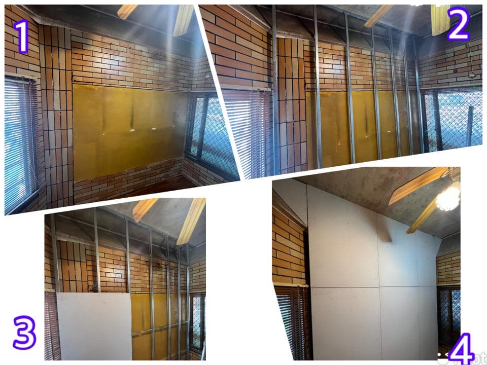 1) 照片顯示一個房間正在進行裝修工程,房間牆面正在安裝石膏板