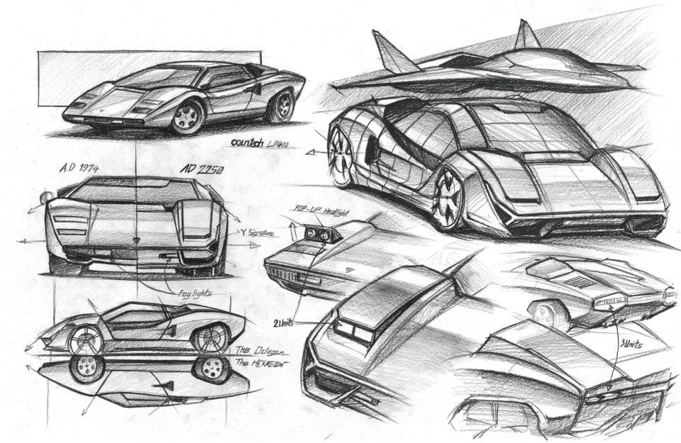 這張照片是幾款汽車的設計圖,其中最重要的是位於照片中央的跑車。這輛跑車採用了流線型的設計,車頭線條十分銳利,車身整體充滿了速度感。