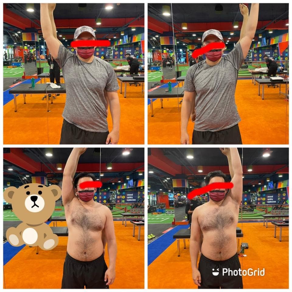 這張照片是四個不同的人在做伸展運動。他們都舉起了一隻手臂,手肘伸直,看起來很放鬆,很舒服。