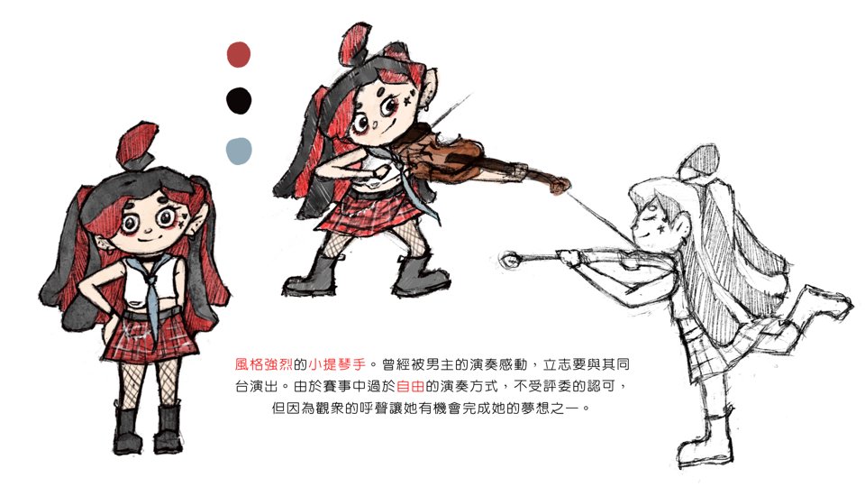 這張照片是一個穿著紅色格裙的小女孩,她拿著一把小提琴正在演奏。