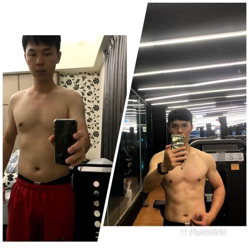 這張照片是一個男人健身前後的對比,顯示他經過努力訓練後體態的明顯變化,他從原本略顯肥胖的身材,成功鍛鍊出結實的肌肉,展現出堅毅的意志和努力的成果。