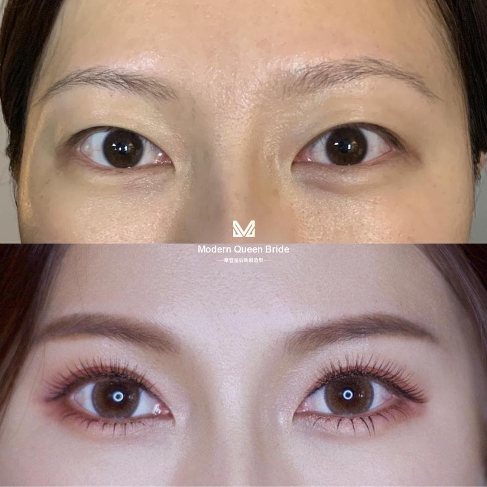 這張照片是展示了眼妝前後的對比。左邊是素顏的狀態,右邊則是化了眼影、眼線和睫毛膏後的狀態。明顯可以看出,化了眼妝後,眼睛變得更加明亮有神,整體妝容也更精緻。
