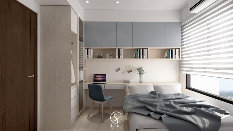 這張照片是一個簡約風格的房間,房間的床鋪非常舒適,床單和被子採用了淺灰色,讓人感覺清新自然。