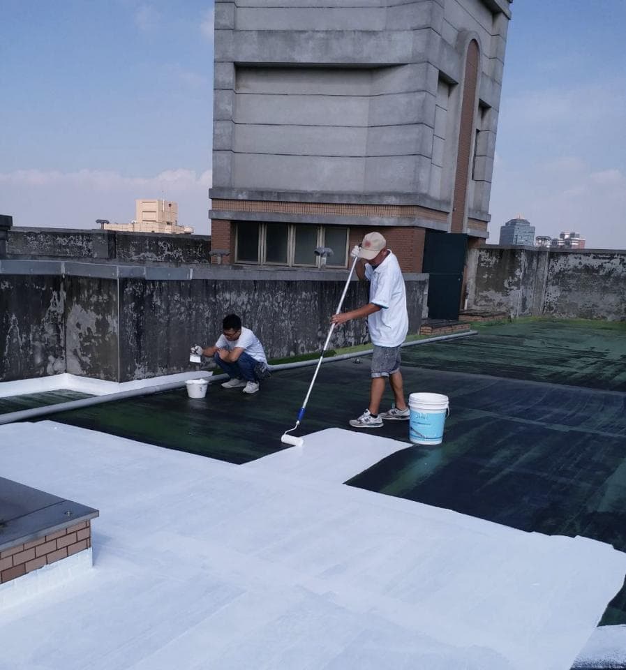 1. **照片描述:** 照片中,有兩個男人正在一個水泥屋頂上塗油漆