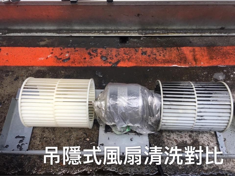 1) 照片显示了三个风扇叶片,其中两个叶片是干净的,另一个是脏的