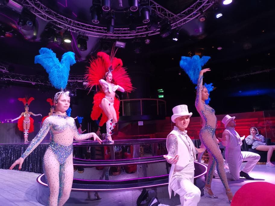 這張照片是一群在舞臺上表演的女性,她們穿著閃亮的服裝,頭上戴著羽毛,看起來很有活力和魅力。