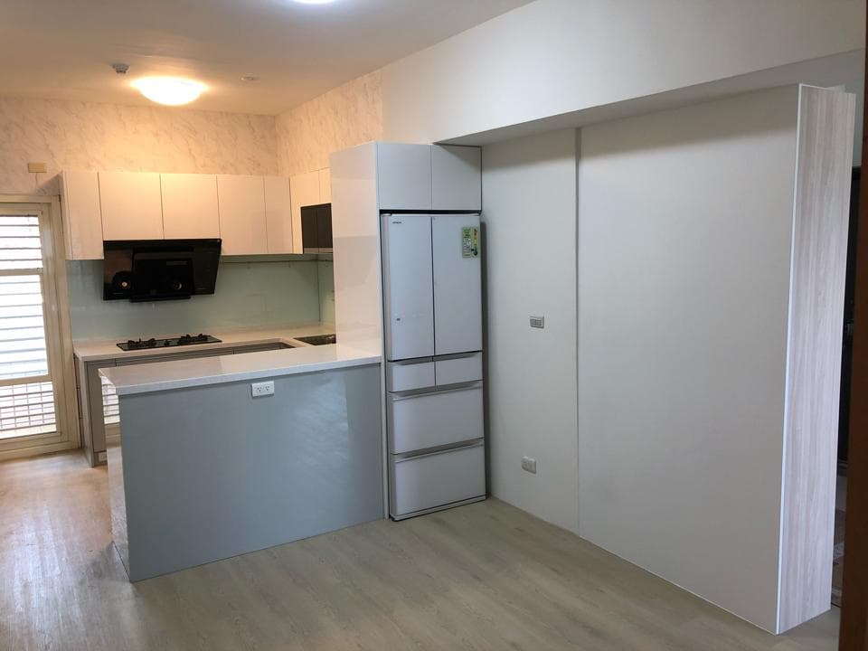 1) 照片顯示一個現代廚房,包括白色櫥櫃、灰色檯面、電器以及一個滑動門