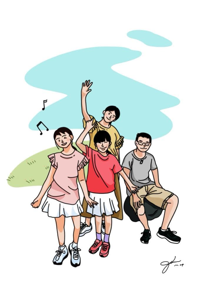 這張照片是四個快樂的家人,他們手牽手在一起,看起來很幸福。