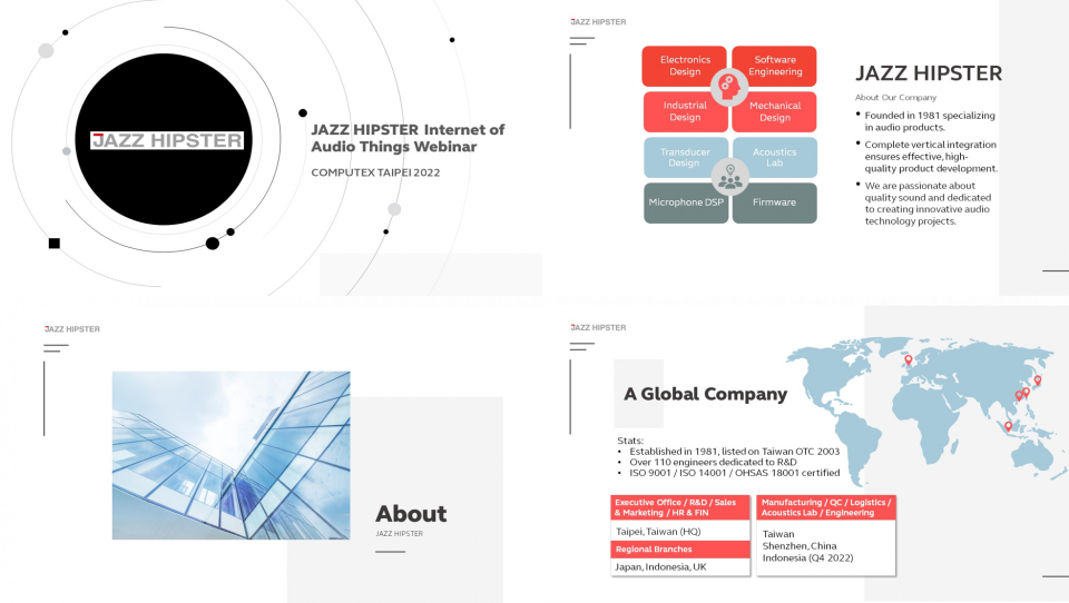 這張照片是「JAZZ HIPSTER」公司的簡報,最重要的是關於公司介紹,包括公司成立時間、員工數量、研發中心、以及主要業務。