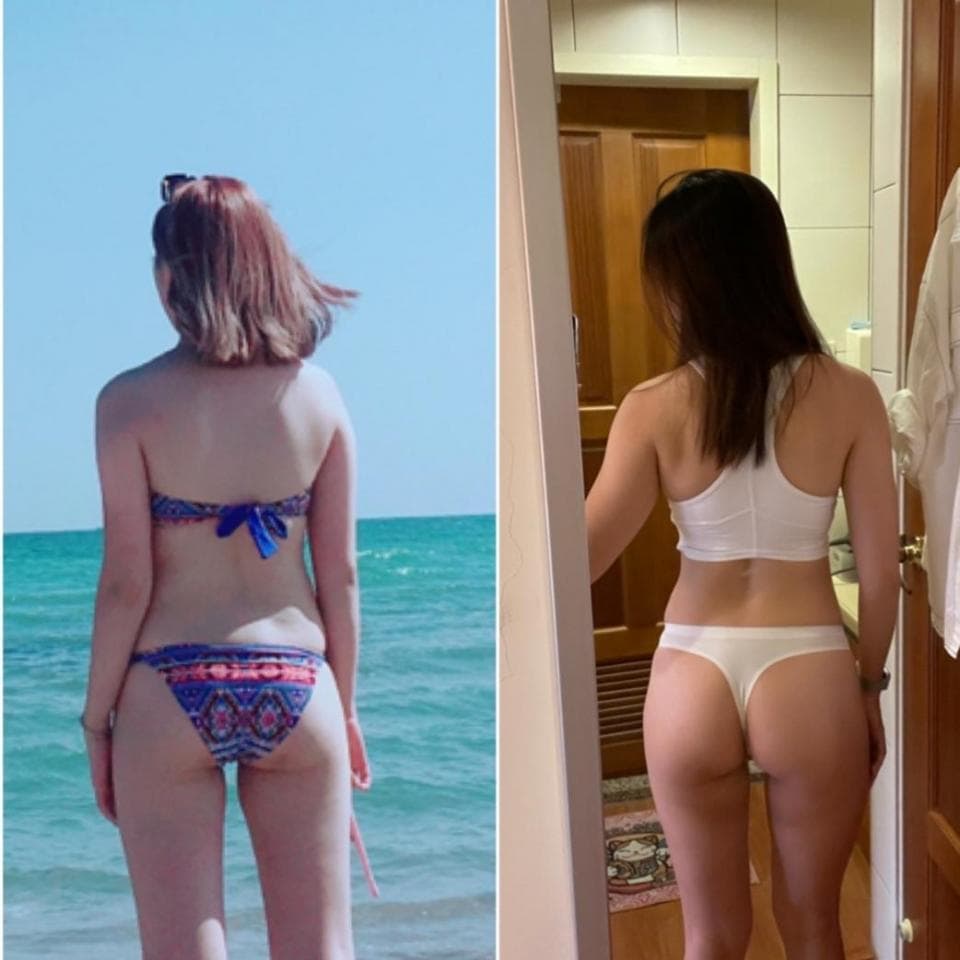 這張照片是兩個不同時間的同一個人,照片左側是她在海邊穿著泳裝的樣子,照片右側是她穿著白色內衣褲站在鏡子前的樣子。