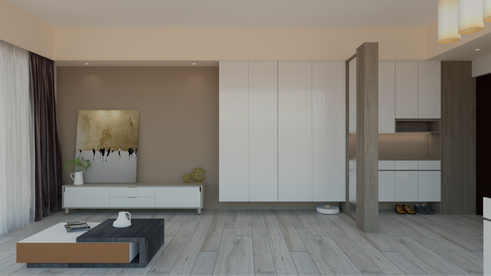 這張「客廳」的照片是簡約風格的,有白色櫥櫃、淺棕色牆面和木地板。