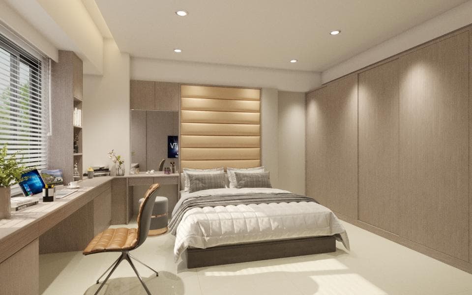 這張「臥室」的照片是一張床和一個書桌。床頭板是木質的,床單是白色的。書桌是木質的,配有一個椅子。房間的牆壁是淺色的,地板是白色的。