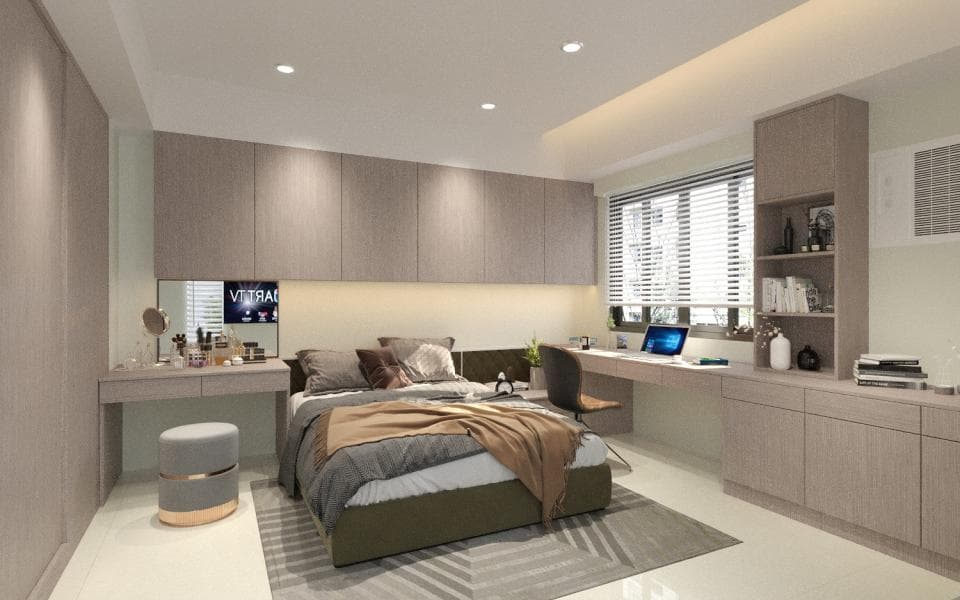 這張照片是一間臥室,床頭櫃旁的梳妝臺是最顯眼的部分。梳妝臺上有鏡子、化妝品和一些小巧的擺設。