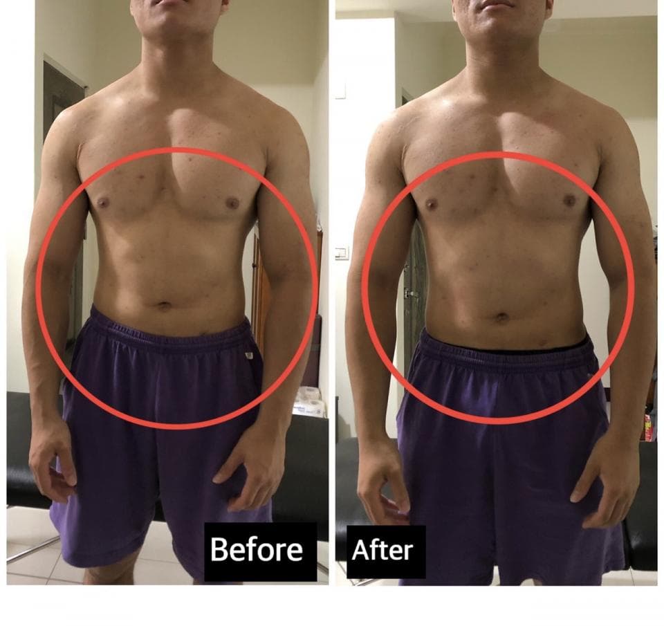 這張照片是健身前後對比圖,重點是同一人的腹肌變化。左邊是健身前,腹部較鬆弛,右邊是健身後,腹部肌肉明顯更明顯。