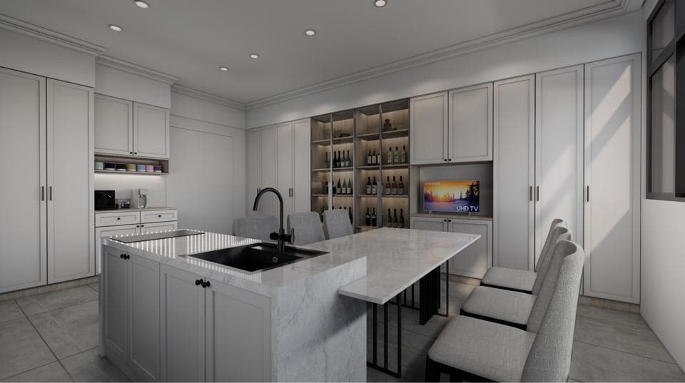 這張照片是一個現代化的廚房,最顯眼的部分是中間的白色大理石中島,上面有一個黑色的水槽,旁邊還有四個現代感的椅子,讓這張照片充滿了簡約的時尚感。