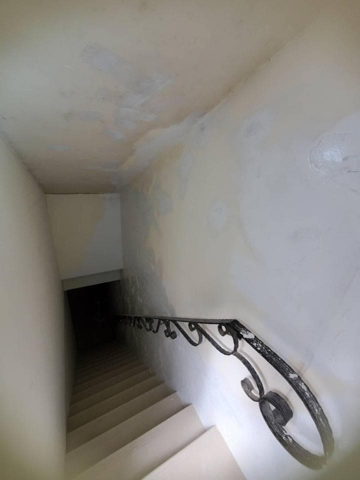 這張照片是一條通往樓下的樓梯,樓梯上有一個黑色的鐵製扶手,扶手上的花紋很漂亮。