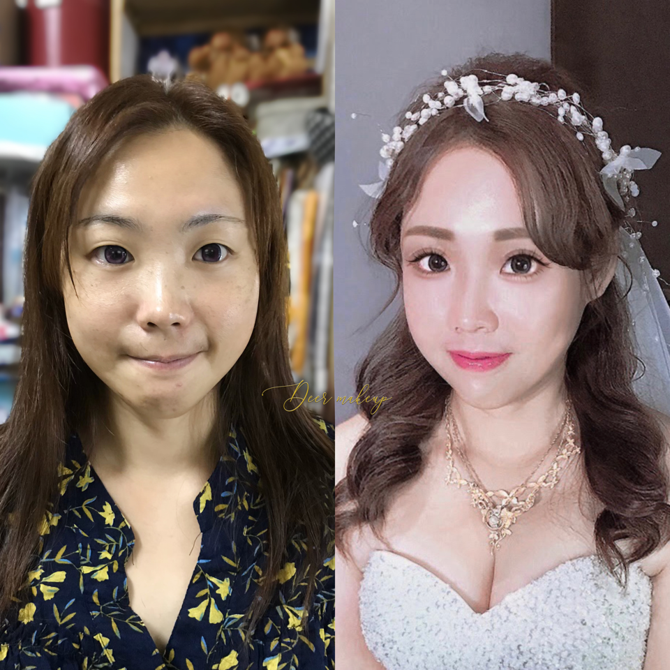 這張「新娘化妝前後對比」的照片是,左邊是新娘化妝前,右邊是化妝後,化妝後新娘顯得更加美麗動人。