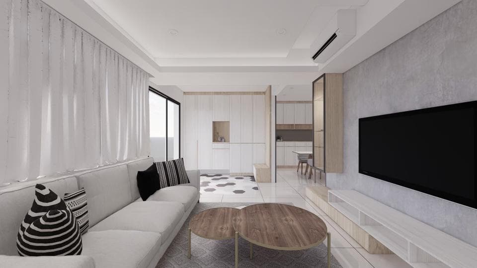 這張「客廳」的照片是,一個簡約的客廳,有白色的沙發,木頭茶几,電視,還有白色的窗簾。