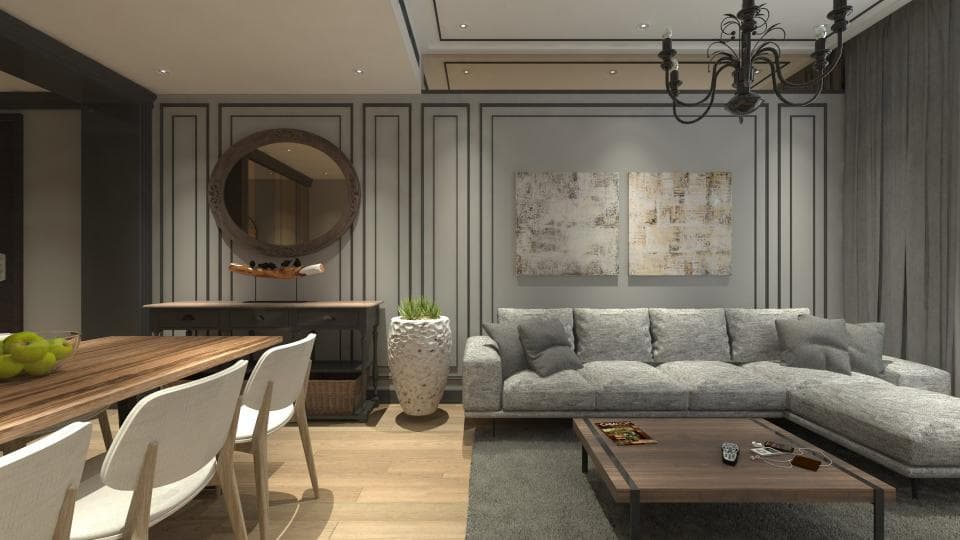 這張照片是現代化的客廳,以灰色和棕色為主要色調,配以簡約的傢俱,如沙發、咖啡桌和餐桌,以及一個大型的鏡子,營造出舒適而時尚的氛圍。