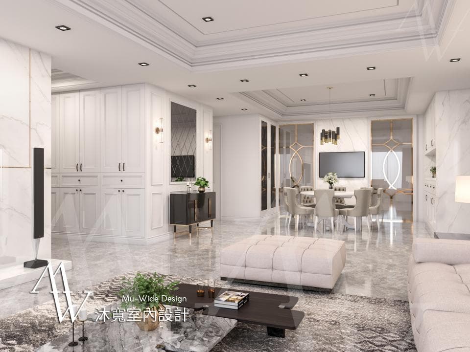 這張「現代化住宅客廳」的照片是,有著白色系裝潢,牆面採用大理石,配有大型電視和舒適的沙發,還有一個簡約的餐桌和椅子,整體設計簡約舒適。
