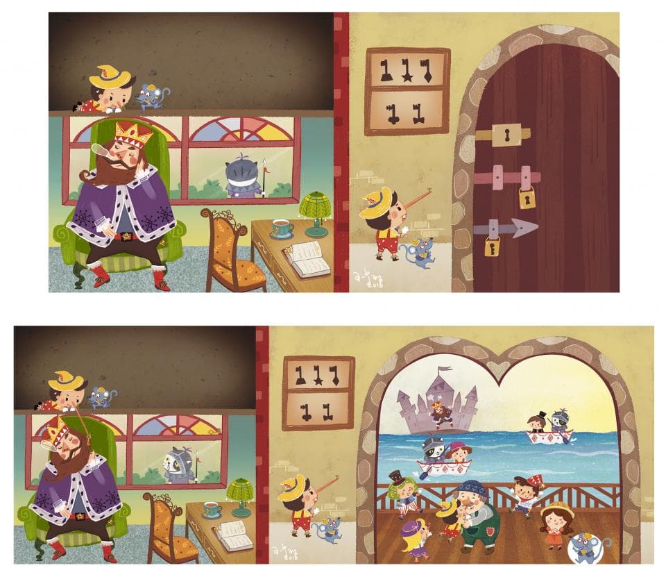 這張照片是一個童話故事的插圖,最重要的是右邊的城堡,城堡上飄著旗幟,城堡前面是一群穿著不同衣服的小人。