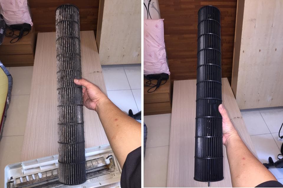 1) 這張照片顯示了兩個相同的空調風扇葉片,一個是髒的,另一個是乾淨的