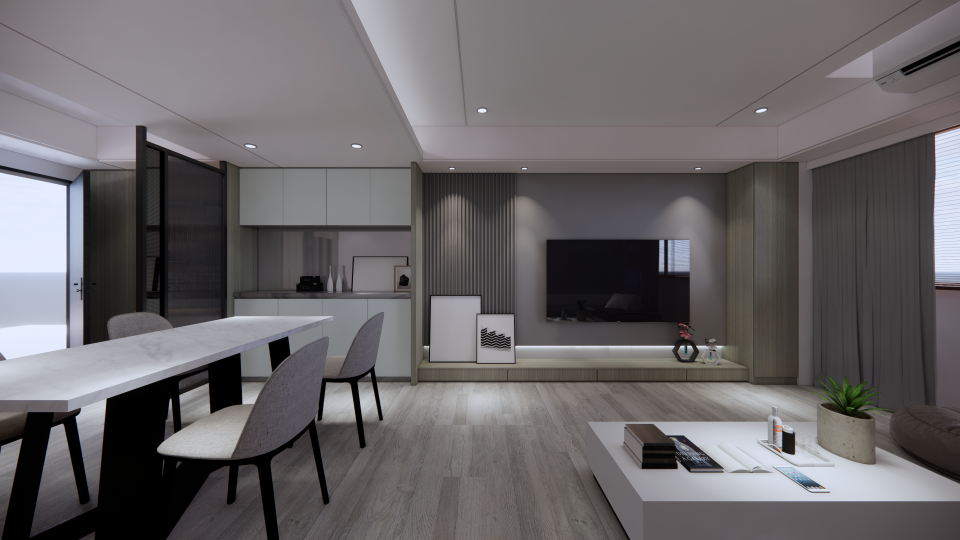 這張「客廳」的照片是一個現代化的住宅空間,它有一個白色大理石餐桌和一個淺色的木地板。房間的盡頭是一個電視櫃,上面有一臺平板電視。房間的牆上裝飾著幾幅畫。