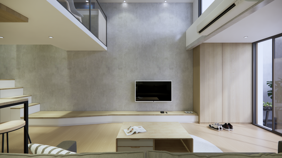 這張「現代風格客廳」的照片是,牆面採用水泥質感,搭配木質地板,顯得簡約而溫馨。客廳中央擺放著一張木質茶几,電視牆下方有白色收納櫃,整體設計風格清新自然。