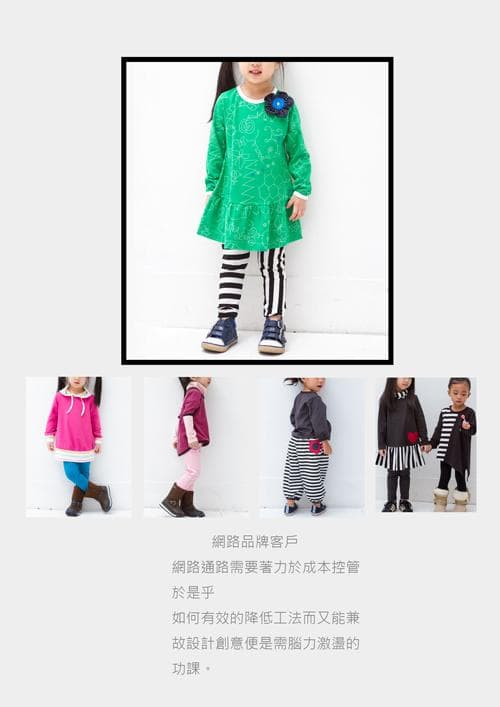 這張「兒童服飾」的照片是一個小女孩穿著綠色洋裝和黑白條紋褲子。