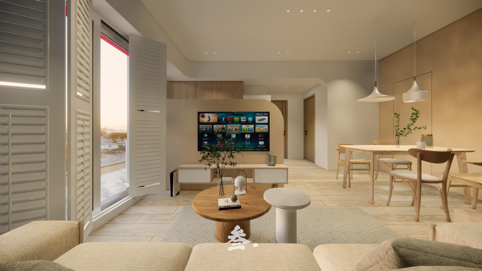 這張「客廳」的照片是一間現代簡約風格的客廳,有沙發、電視、茶几等傢俱,還有木地板、窗戶、燈光等設計元素。