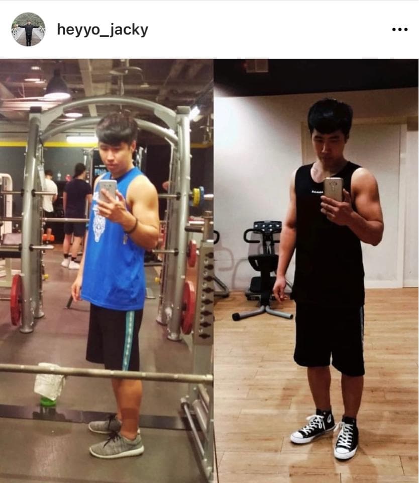 這張照片是兩個不同時間的同一個男人在健身房的照片,左邊的他顯得比較胖,右邊的他肌肉線條明顯。