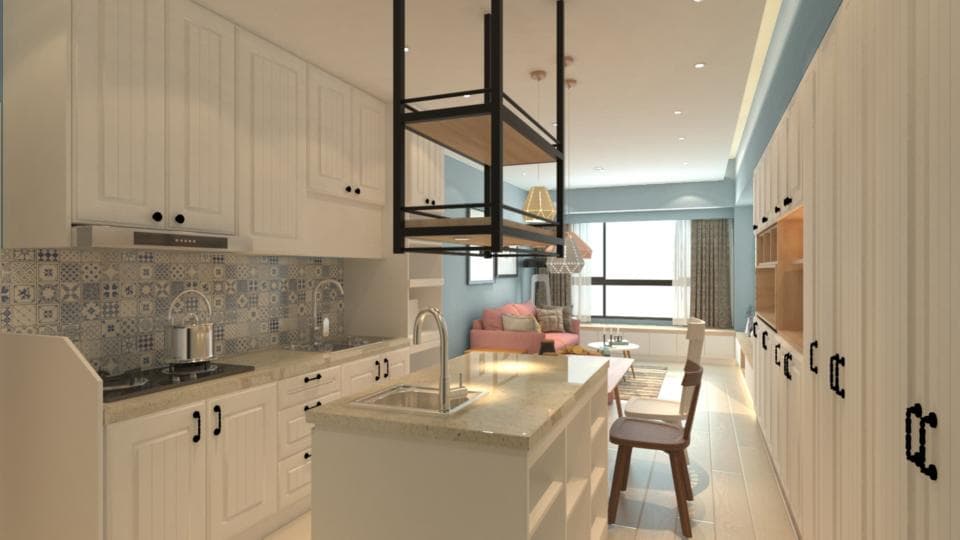 這張照片是現代化的廚房,其中最引人注目的部分是白色櫃子和黑色的五金,簡潔的設計與藍色的牆面形成鮮明的對比,給人一種乾淨、明亮的視覺感受。