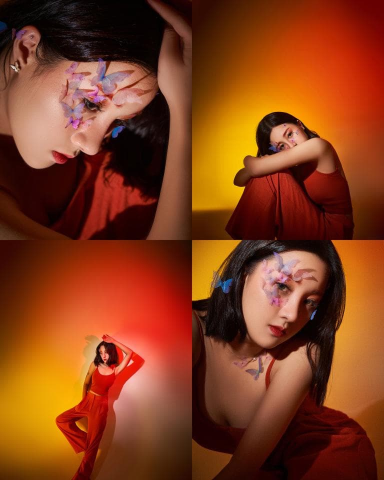 這張「四格照片」的照片是一名女性以不同造型和姿勢呈現。她擁有鮮明的妝容,包括蝴蝶裝飾,以及充滿色彩的背景。