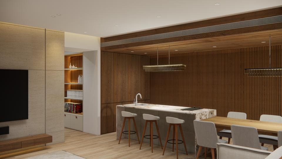 這張照片是一個現代化的廚房,有著木質天花板和牆壁,以及一個中央島臺。島臺上方有兩個吊燈,為廚房增添了現代感。