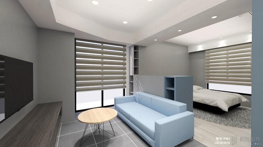 這張「現代化客廳」的照片是一間簡潔的客廳,裡面的沙發是淺藍色,電視牆是深灰色,窗戶是百葉窗,而且還可以看到一個白色床。