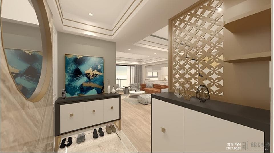 這張「玄關」的照片是一個現代化的玄關,牆上掛著一幅抽象畫,旁邊有一個鞋櫃,鞋櫃下方有鞋子,玄關的右邊有一個鏤空的隔板,隔板的後面有一個白色的櫃子。