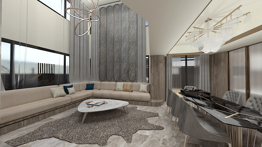 這張「現代風格客廳和餐廳」的照片是,客廳有沙發、茶几、吊燈和落地窗,餐廳有餐桌、椅子和吊燈。