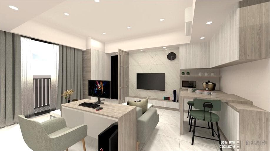 這張「現代化客廳」的照片是一個明亮簡潔的空間,有電視、沙發、工作桌以及餐桌。