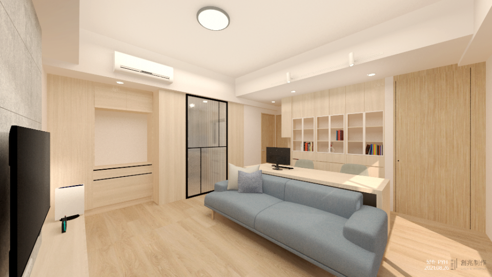 這張「客廳」的照片是一個簡約現代的空間,佈置以淺色木質傢俱為主,並配有藍色的沙發和電視,整體感覺舒適且放鬆。