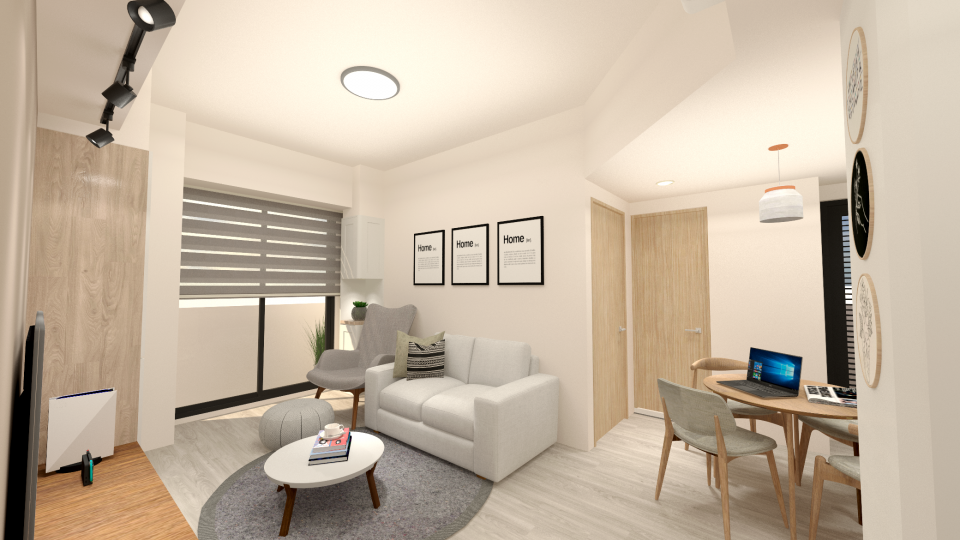 這張「客廳和餐廳」的照片是一個現代化的住宅,其中有白色沙發、一張咖啡桌和一個灰色地毯。客廳裡還有一張單人沙發和一個圓形抱枕。餐廳裡有一張圓桌和四把椅子,以及一臺筆記本電腦。牆上掛著三幅「Home」字樣的畫框,以及一些圓形的裝飾品。