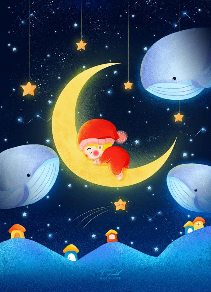 這張照片是一個女孩睡在月亮上的夢幻場景。她穿著紅色的睡衣,在彎彎的月亮上睡得很香,旁邊還有兩隻可愛的鯨魚陪伴。整個畫面充滿了童話般的色彩,讓人感到溫馨和美好。