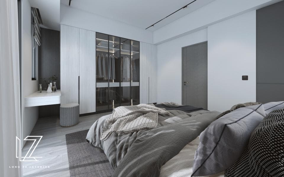 這張「臥室」的照片是一間現代風格的臥室,有灰色和白色的色調,床頭櫃上擺放著兩盞床頭燈。牆壁上有一個大衣櫃,裡面放滿了衣服和鞋子。房間的中央有一張大床,床上鋪著灰色的床單和毛毯,床邊還有一張小桌子。