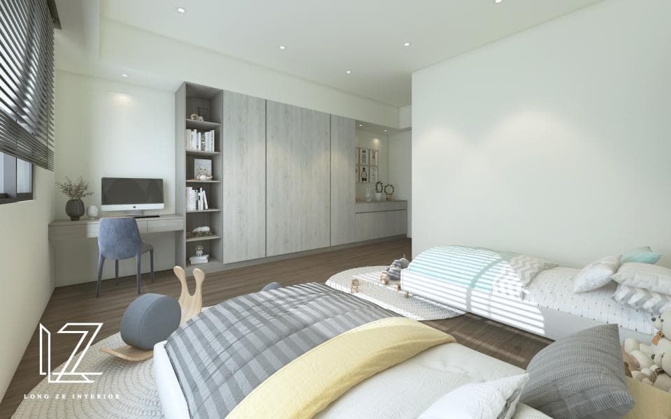 這張照片是兩張床,床頭板用的是木質材料,床單和被子都是灰色系的,房間牆壁是白色,看起來很乾淨整潔。